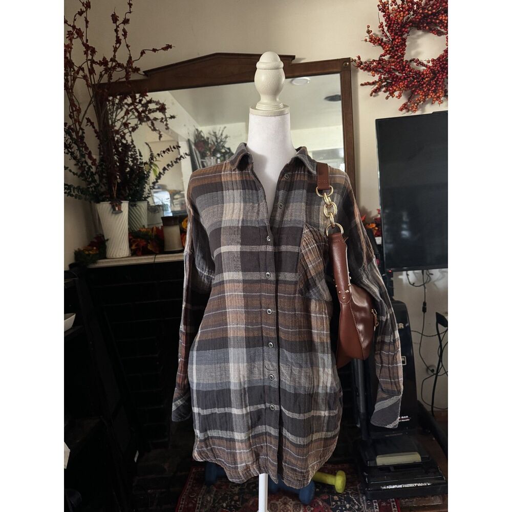 Free People Womens S Brown Plaid Oversized Tunic Shirt Button Down Cotton Boho